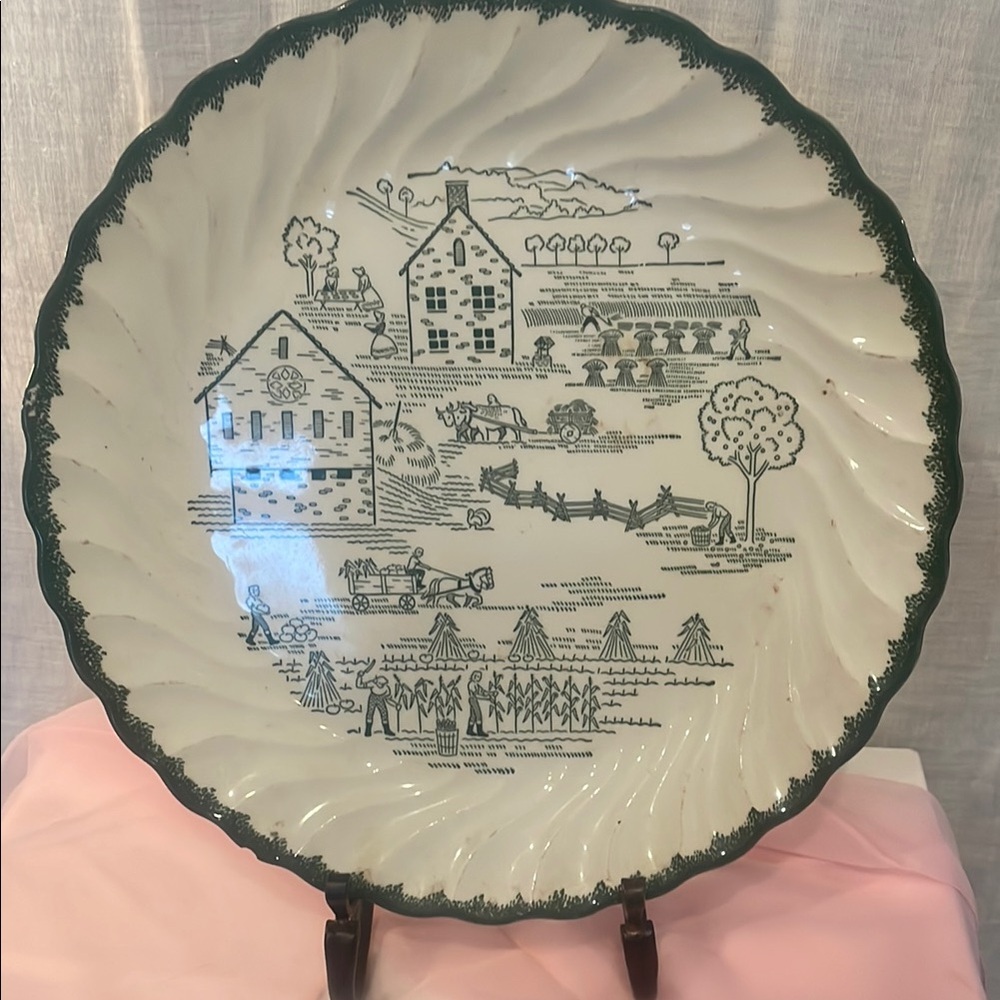 Vintage Farmhouse Scene Plate green and white